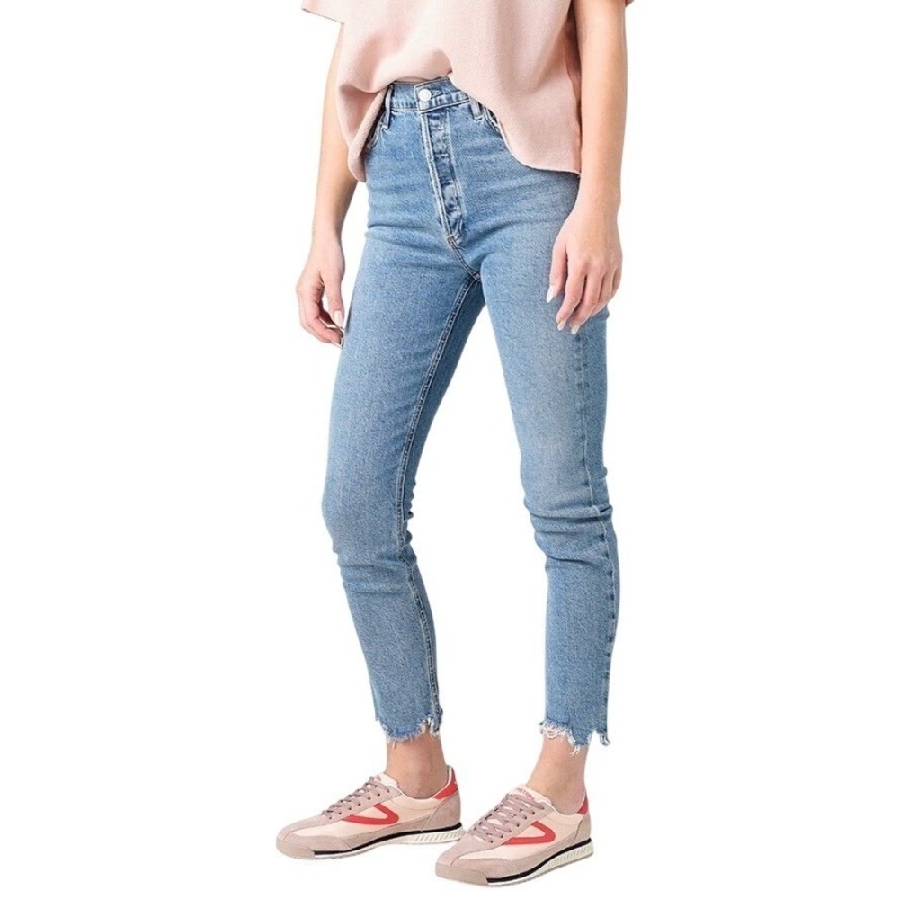 AGOLDE Nico High Rise Straight Leg Jeans Light Wash Distressed Raw Hem Size 25 - Picture 3 of 16